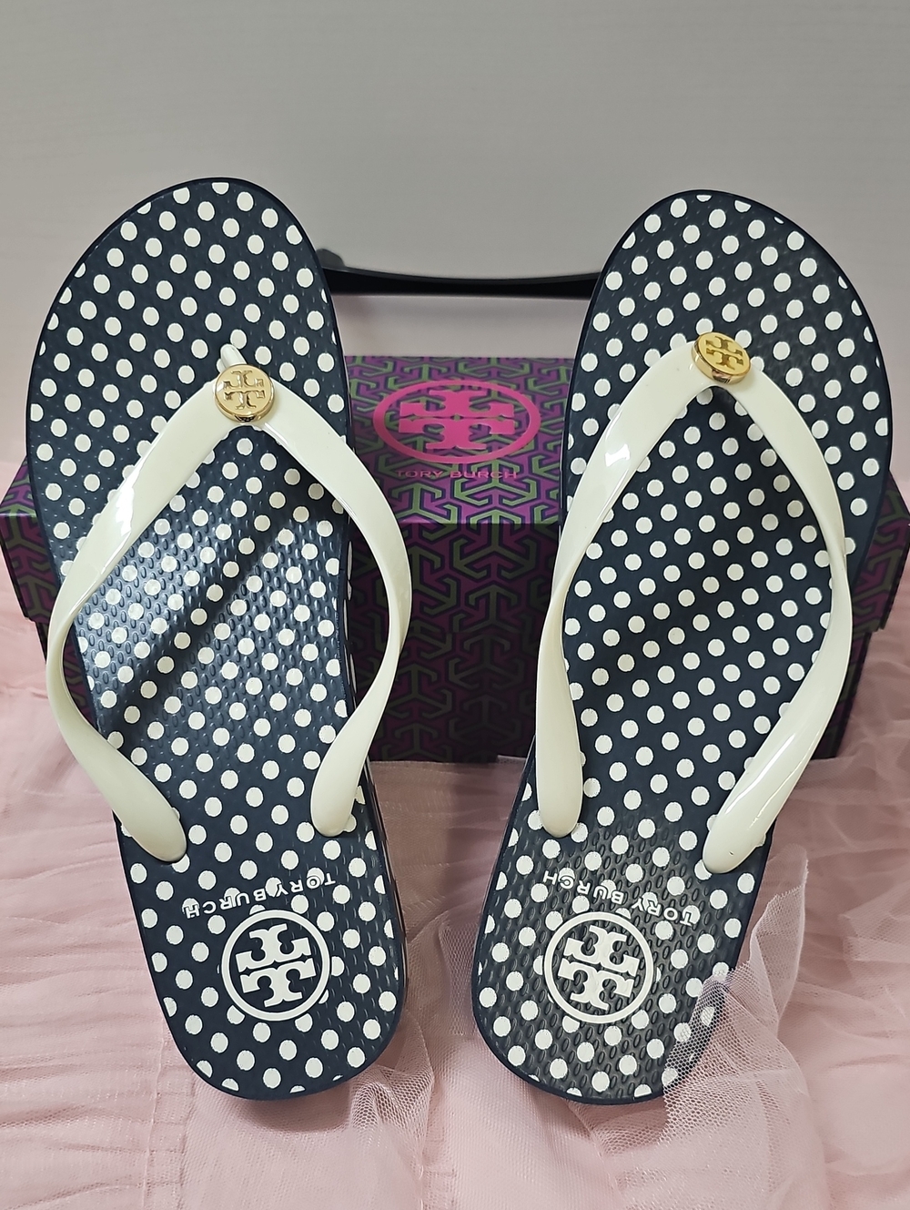 Tory Burch Navy Polka Dot Flip Flops with White Straps